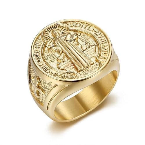 Carved St Benedict Signet Ring for Men,14K Gold Plated Stainless Steel Pinky Ring Christian Catholic Ring Jesus San Benito Protection Ring Religious Chi Rho Crucifix Jewelry… - Image 1