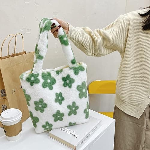 Plush Underarm Bag, Ladies Fluffy Shoulder Bag, Women Furry Flower Tote Bag Y2K Plush Handbag for Autumn and Winter - A01-black Flower thumbnail 4