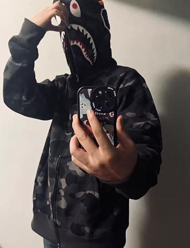 RICK TOP ONE Unisex Camouflage Hoodie with Shark Embroidery, Full Zip, Lightweight Couple sweatshirts heavyweight hoodie thumbnail 5