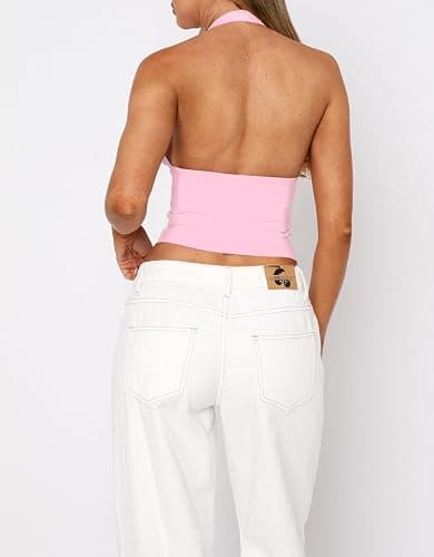 ForeFair Women Sexy Halter Deep V Neck Backless Crop Tank Top Open Back Sleeveless Slim Fit Y2k Summer Tops thumbnail 3