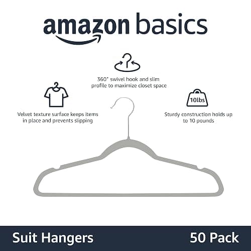 Amazon Basics Slim Velvet Non-Slip Space Saving Suit Clothes Hangers, Closet Organizer, Gray/Silver, 50-Pack thumbnail 4