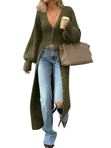 Saodimallsu Womens Long Cardigans V Neck Button Down Chunky Knit Dusters Sweater Coat Fall Trendy Maxi Sweater Dress - Image 1
