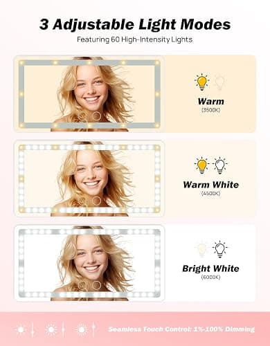 JOYTUTUS Car Sun Visor Vanity Mirror, Car Vanity Mirror with Lights, Makeup with 3 Light Modes & 60 LEDs, Rechargeable Dimmable Touch Control Travel Makeup for Sedan Truck SUV thumbnail 2