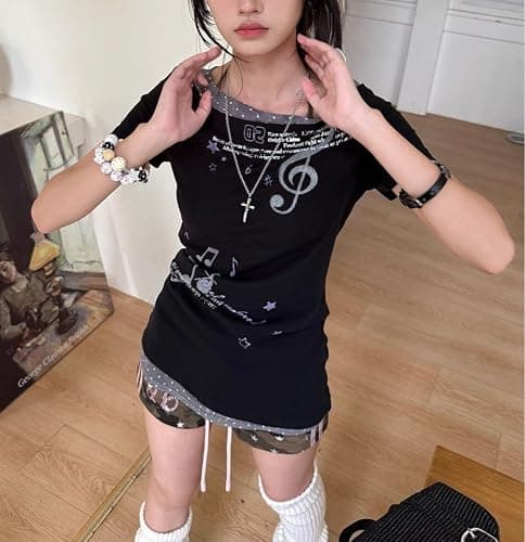 Y2k Aesthetics Grunge T Shirts Fake Two Piece Short Sleeve Graphic Tees 2000s Harajuku Punk Gothic Crop Tops Teens thumbnail 4