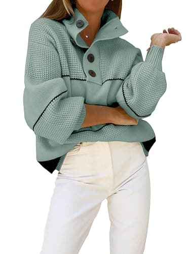 CHARTOU Women's Waffle Knit Knitwear Slouchy Striped Polo Collared Long Sleeve Pullover Sweater Tops - Image 1
