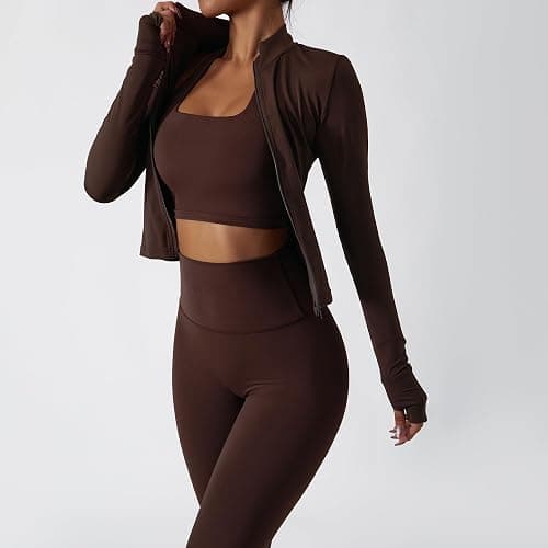 Women’s 3 Piece Workout Set – Sports Bra, Leggings & Jacket with Thumbholes – Yoga Outfit Activewear for Gym Running Training thumbnail 3