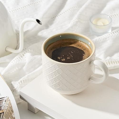 JIEMEI HOME Large Ceramic Coffee Mug Set of 4 with Stand, 15 Oz Stackable Different Embossment Ribbed Latte Cup Set for Cappuccino, Tea, Hot Cocoa, Drinks - Dishwasher & Microwave Safe, White & Green thumbnail 7
