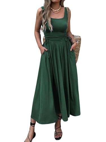 Mieazom Women’s Boho Summer Maxi Dress with Pockets, Adjustable Waist, Sleeveless Casual Ruched Sundress for Beach Vacation - Image 1