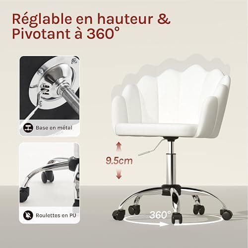 WOLTU Chaise Bureau, Chaise Coiffeuse, avec Dossier en Pétale, Ergonomique, Pivotant, Hauteur Réglable, en Velours, Cadre en Métal, Crème Blanc thumbnail 5