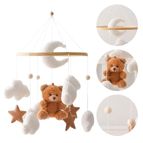 Uixxducc Mobile Baby Windspiele, Babybett Mobile 3D Bär Hase Kaninchen Wolken, Kinderzimmer Hängende Bettglocke, Neugeborenen Geschenk für Baby Jungen und Mädchen (Braun Bär) thumbnail 4