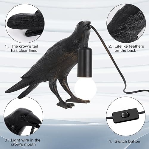 Shandaglo Crow Lamp Raven Table Lamp with Bulb, Crow Light - Gothic Halloween Decor for Bedside Bedroom Living Room Decor thumbnail 7