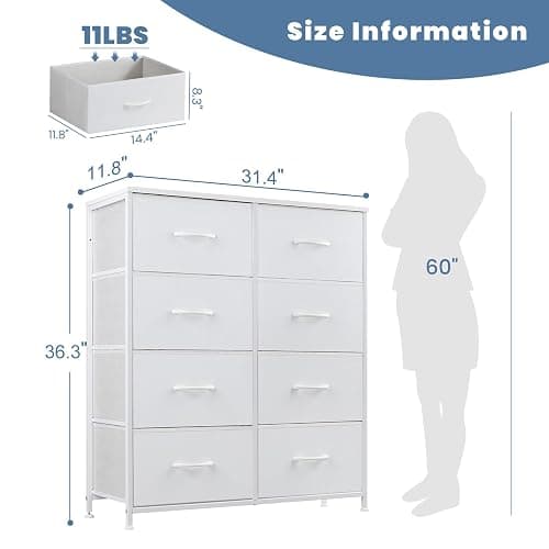 DUMOS Dresser for Bedroom with 8 Fabric Drawers, Tall Chest Organizer Units for Clothing, Closet, Kidsroom, Storage Tower with Cabinet, Metal Frame, Wooden Top, Lightweight Nursery Furniture, White thumbnail 3