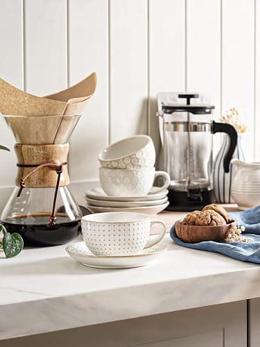 LE TAUCI Cappuccino Cups with Saucers 8 oz, Ceramic Large Coffee Cup for Au Lait, Double shot, Latte, Cafe Mocha, Tea, Dishwasher Safe - Set of 4, Arctic white thumbnail 4