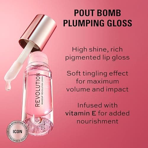 Revolution, Pout Bomb Plumping Lip Gloss, High Shine, Rich Glossy Pigment, Infused with Vitamin E, Kiss Nude, 0.15 fl oz thumbnail 2