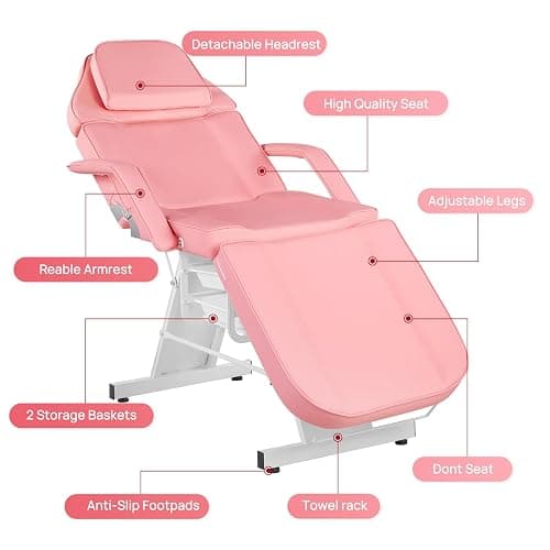 V VDLONSY Facial Chair Tattoo Chair 73inch Adjustable Massage Bed for Artist with Stool Facial Bed for Client Multipurpose Spa Chairs for Beauty Esthetician Pink thumbnail 3