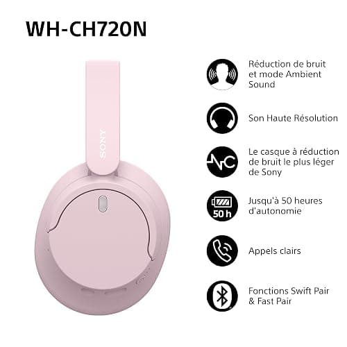 Sony WH-CH720N - Casque Bluetooth sans Fil à réduction de Bruit - Micro intégré - jusqu'à 35 Heures d'autonomie et Charge Rapide - Rose thumbnail 2