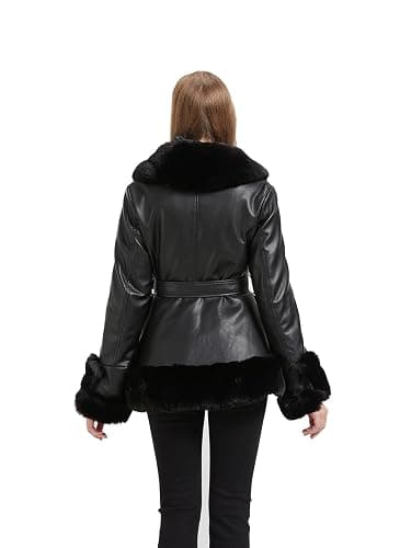 GRAN ORIENTE Women's Faux Leather Jacket with Faux Fur Collar, Winter Long Sleeve Furry Trim Peplum Parka Coat with Belt thumbnail 3