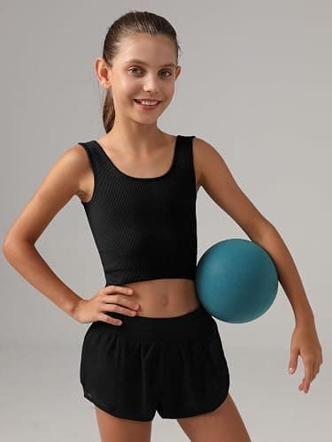 Girls Tank Tops Double Lined Ribbed Knit Crop Tops 2 Pack Basic Sleeveless Athletic Round Neck Dance Top thumbnail 4