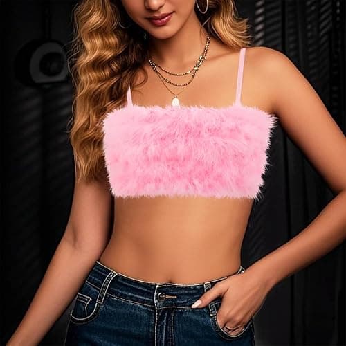 TYNORA Women's Faux Fur Crop Top Spaghetti Strap Tube Tops Strappy Cami for Concert Club Party thumbnail 2