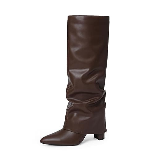 Modatope Knee High Boots Women Fold Over Knee High Boots Chunky High Heels Long Boots Zipper Pointed Toe Dress Tall Boots for Women - Image 1