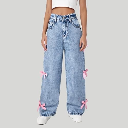 Bow Jeans for Girls Wide Leg Baggy Denim Pants Cute High Waisted Trousers Kids Casual Y2k Streetwear with Pockets 6-14Y thumbnail 3