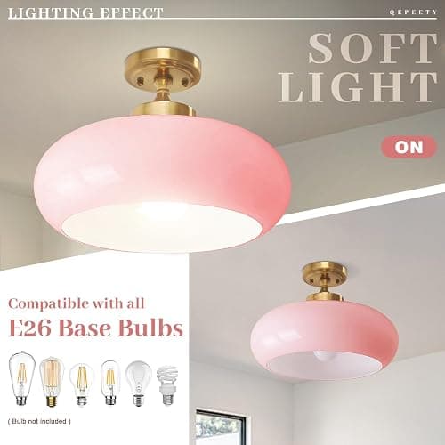 Qepeety Pink Glass Ceiling Light Fixture, Blush Retro Flush Mount for Girls Room Nursery, Bedroom, 15.74 Inch Vintage Ceiling Light with Gold Metal Base, E26 Socket (Bulb Not Included) thumbnail 5