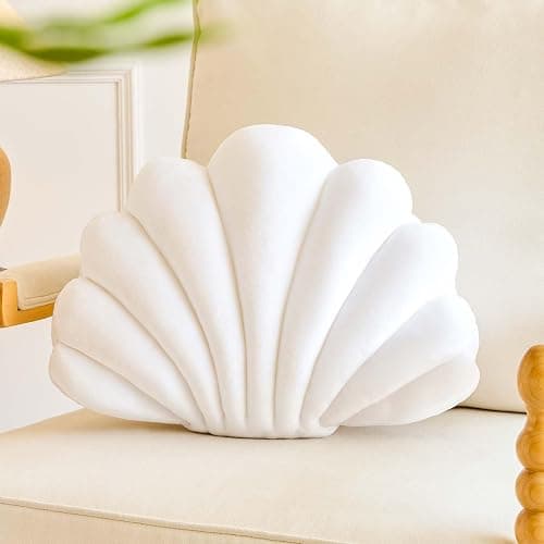 Lfsaaj White Seashell Throw Pillows, Shell Shaped Throw Pillows, 13 Inch Soft Velvet Home Decorative Pillow Plush Cushion for Bed Couch Living Sofa Room Decor Accent Throw Pillow - Image 1