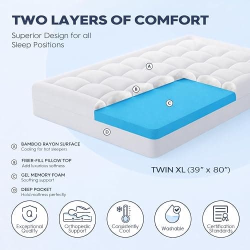 ELEMUSE Twin XL Dual Layer 3 Inch Memory Foam Mattress Topper for College Dorm Room Essentials, 2 Inch Cooling Gel Memory Foam and 1 Inch Washale Soft Pillow Top Extra Long Twin Mattress Pad Cover | Dual Layer Design, 2 Inch Cooling Gel Foam and 1 Inch Soft Pillow Top Bed Pad, Back to School, Comfortable Support thumbnail 8
