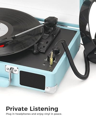 Bluetooth Suitcase Record Player with Built‑in Speakers, Bass & Treble Control, 3‑Speed Belt‑Drive Turntable with Auto‑Stop, RCA & AUX Output, Portable Vinyl Player for 33 45 78RPM LPs thumbnail 7