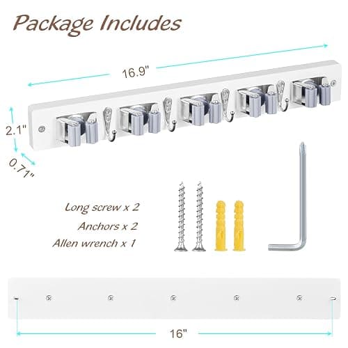 OUTNILI Mop and Broom Holder Wall Mount - White Broom Mop Hanger - Wall Mounted Garden Tool Rack Organizer for Closet Garage Laundry Room Kitchen Decor With 5 Slots & 4 Hooks thumbnail 3