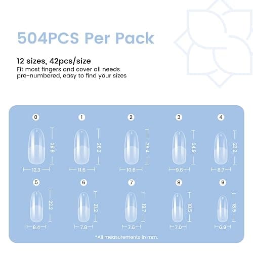 Medium Oval Round Nail Tips: 504Pcs Pre-shaped Full Cover Clear Gel Nails Tip, 12Sizes Acrylic Fake Press on Nail Tips for False Extension Manicure Salon DIY at Home thumbnail 7