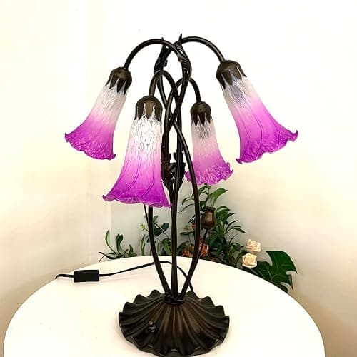 Bieye L10851 Lily Flower Blown Glass Accent Table Lamp for Living Room Bedroom Decoration (4-Light, Purple) thumbnail 4