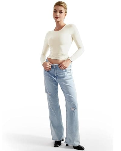 SUUKSESS Women Double Lined Fitted Basic T Shirts Crew Neck Long Sleeve Crop Top thumbnail 5