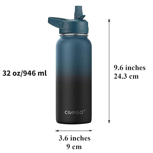 CIVAGO 32 oz Insulated Stainless Steel Water Bottle With Straw and 3 Lids | Large Metal Sports Water Jug, Leakproof Reusable Wide Mouth Thermal Flask Cup with Silicone Boot, BPA-Free, Black thumbnail 3