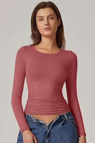 QINSEN Womens Crewneck Long Sleeve Shirt Double Lined Basic Tees Side Ruched Going Out Crop Tops thumbnail 5