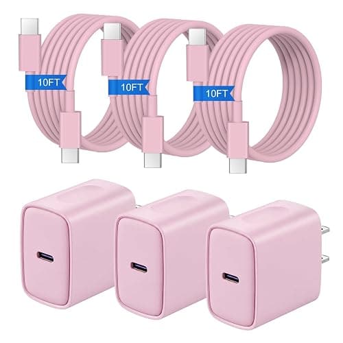 iPhone 17 16 15 Charger Fast Charging 3+3Pack 20W USB C Wall Charger with Extra Long 10FT Fast Charging Cable Compatible with iPhone 17/17 Air/17 Pro/17 Pro Max/iPhone 16/15 Series, iPad Pro-Pink - Image 1