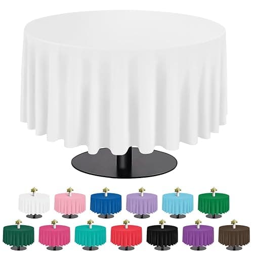 tujol White 6 Pack Plastic Table Cloth 84", Disposable Round Tablecloth Table Cover, Plastic Tablecloths for Parties - Image 1