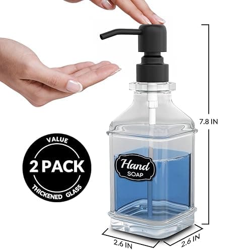 LMQML Soap Dispenser - 2 Pack, Antique Design Thick Glass Hand Soap Dispensers with Sturdy Tray; 304 Rust Proof Stainless Steel Black Pump, 12Pcs Stickers, for Kitchen, Bathroom thumbnail 3