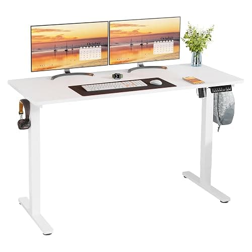 Meilocar Height Adjustable Electric Standing Desk, 55" x 24" Sit Stand Computer Desk with Memory Controller, Home Office Workstation Stand up Desk with Splice Board, White Top + White Frame - Image 1