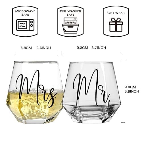 Vagafilla Mr Mrs Stemless Wine Glasses Gift Set 15oz, Couples Gifts for Bridal Shower Engagement Anniversary Wedding Shower Valentine's Day Birthday Christmas, 1 Pack Reusable Burlap Wine Bag-38 thumbnail 3