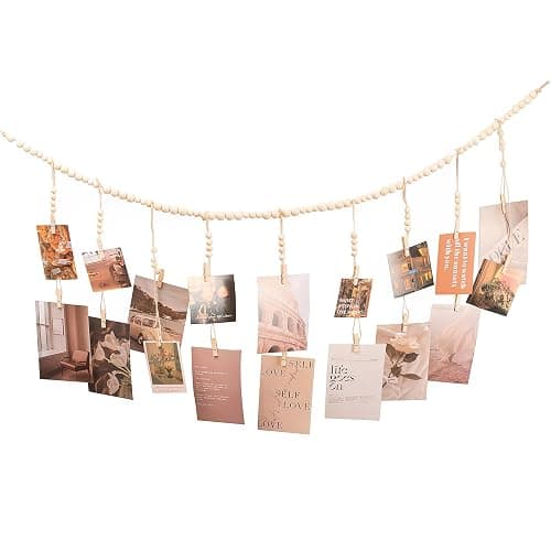 WIVKFML Hanging Photo Display with 18 Wood Clips, Boho Wooden Bead Wall Décor for Bedroom, Living Room, Dorm, Kids Art Picture Display - Image 1
