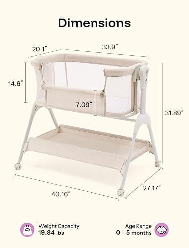 HARPPA Cuddly Baby Bassinet Bedside Sleeper, 3 in 1 Rocking Bassinet with Mattress and Soft Cover, Full Mesh Sides, 5 Height Adjustable with Wheels for Newborns, Beige thumbnail 2
