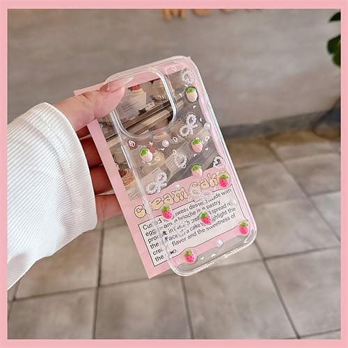 Fycyko Compatible for iPhone 15 3D Strawberry Pearl Bow Clear with Design Aesthetic Women Teen Girls Glitter Pretty Sparkle Sparkly Cute Girly Phone Cases Protective Cover+Pearl Chain thumbnail 4
