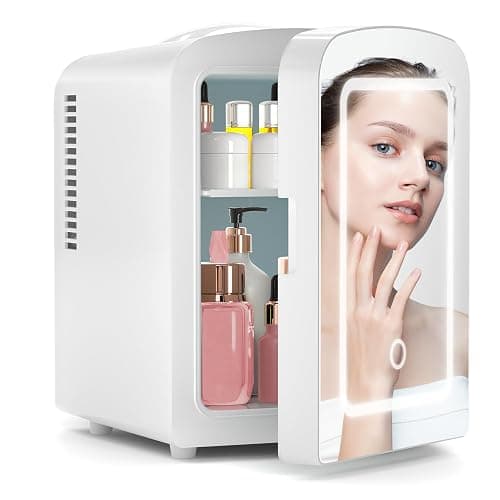 Xbeauty Skincare Mini Fridge With Dimmable LED Mirror, 4L Mini Makeup Refrigerator for SkinCare, Cosmetics, Food & Drinks, Portable Small Refrigerator for Bedroom, Dorm, Car, Office, white - White - Image 1