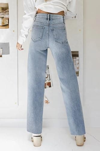 KDF Straight Leg Jeans for Women High Waisted Jeans Frayed Baggy Pants Raw Hem Loose Stretchy Cropped Wide Leg Jeans - 6 - #0921_light Blue(frayed Raw Hems) thumbnail 3