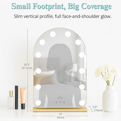 LUXFURNI Vanity Mirror with Lights, 20.5" L x 13" W Arched LED Makeup Mirror, Lighted Makeup Mirror with Lights, Smart Touch Control Dimmable 3 Modes Light, Gold thumbnail 2