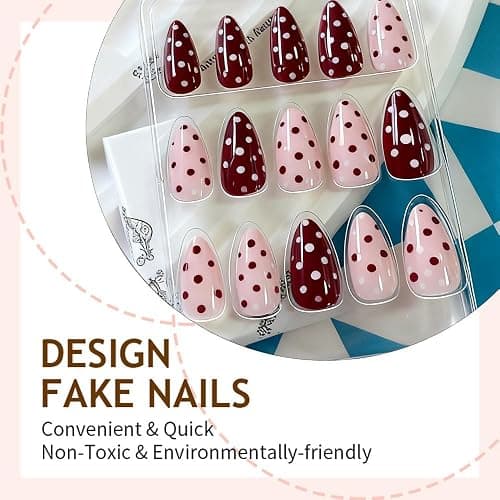 Cute Polka Dot Press on Nails Almond Medium Pink Red Fake Nails with Designs Gel Artificial Nails Press Ons Gel Acrylic Glue on Nails Medium Length Full Cover Stick on Nails for Women 24Pcs thumbnail 6