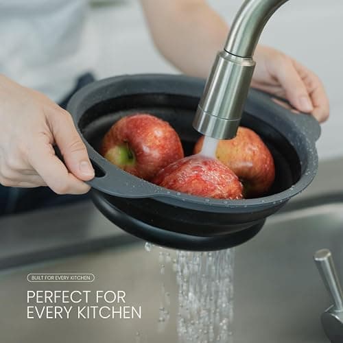 Collapsible Colander | 2-Pack Black Collapsible Strainer for Pasta, Fruits, & Vegetables | Compact Silicone Strainer Ideal for Straining all Sorts of Foods | Strainer for Everyday Use Medium thumbnail 6