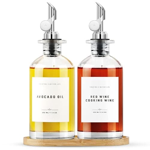 GIXSEGIE Olive Oil Dispenser Bottle Set with Bamboo Tray, Silver Classic Oil Dispenser, 2 x 350ML Glass Bottles, Weighted Metal Pourers, Kitchen Storage & Dispensing - 350ml, Set of 2 + Tray - Silver - Image 1
