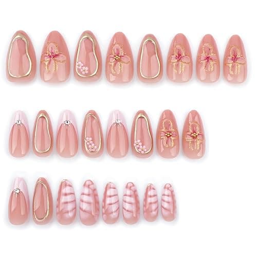Mrltau 24 Pcs Faux Ongles Pression Printemps Court, Couleur Chair Rose, Faux Ongles avec Décoration Fleur 3D Perles, Pointe Française Pleine Couverture thumbnail 4